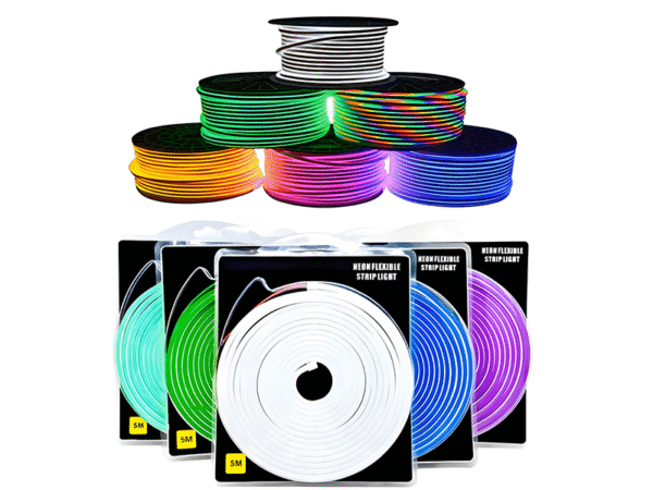 Complete LED neon strip kit including power plug connectors and mounting accessories for quick installation