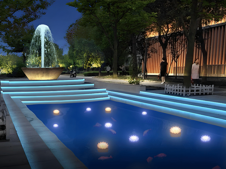 outdoor fountain lighting design for landscape projects at night