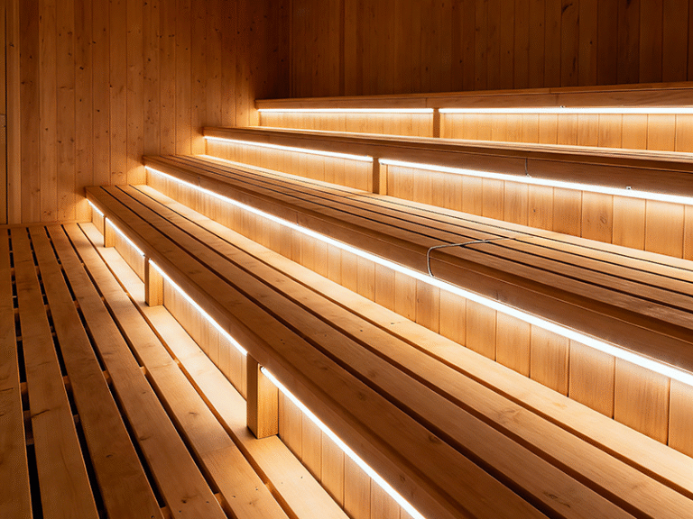 hidden LED strip lighting along sauna staircase steps for enhanced safety and visual guidance