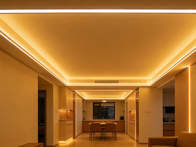 Side emitting COB LED strip for living room ambient lighting behind TV wall