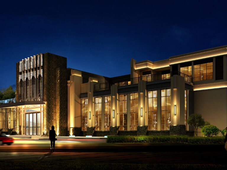 modern building facade with linear architectural lighting at night exterior design
