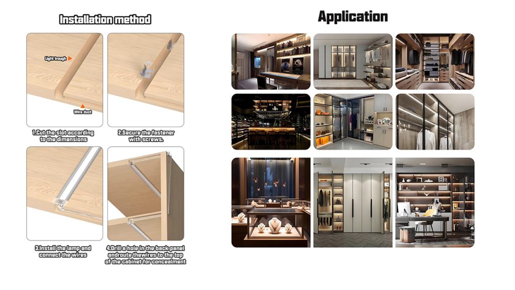 Ultra thin LED strip light installed in kitchen cabinet lighting for modern interior design